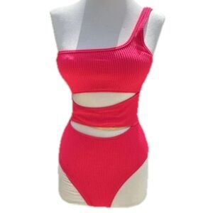 AERIE NWT Hot Pink Ribbed One Piece Swimsuit  Size Small Cut Out Design UPF 50